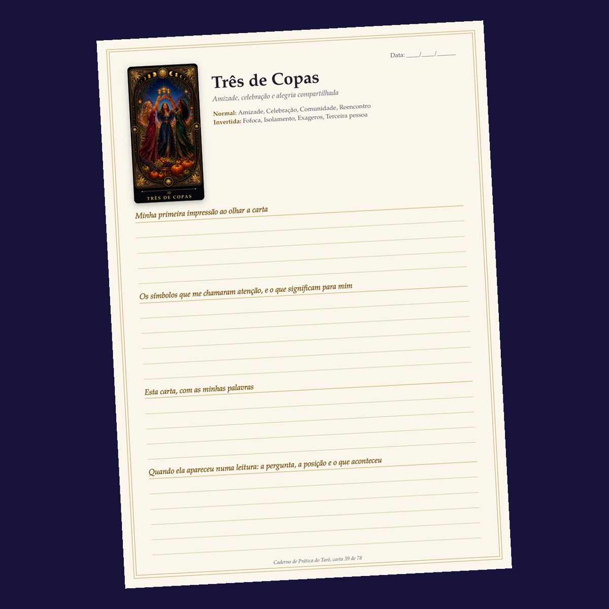 Página do caderno de prática, com a carta Três de Copas e linhas para escrever