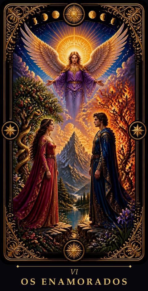 A carta Os Enamorados, com o anjo abençoando o casal