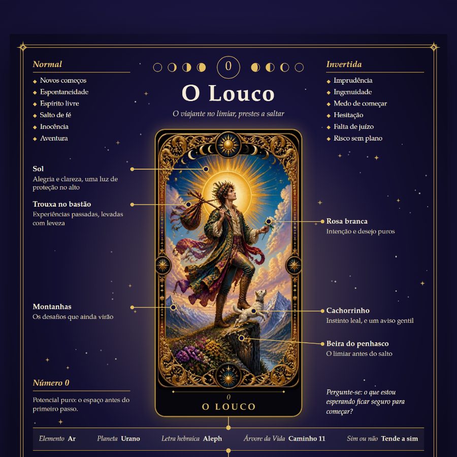 Página de estudo da carta O Louco, com significados normal e invertido e os símbolos da ilustração explicados