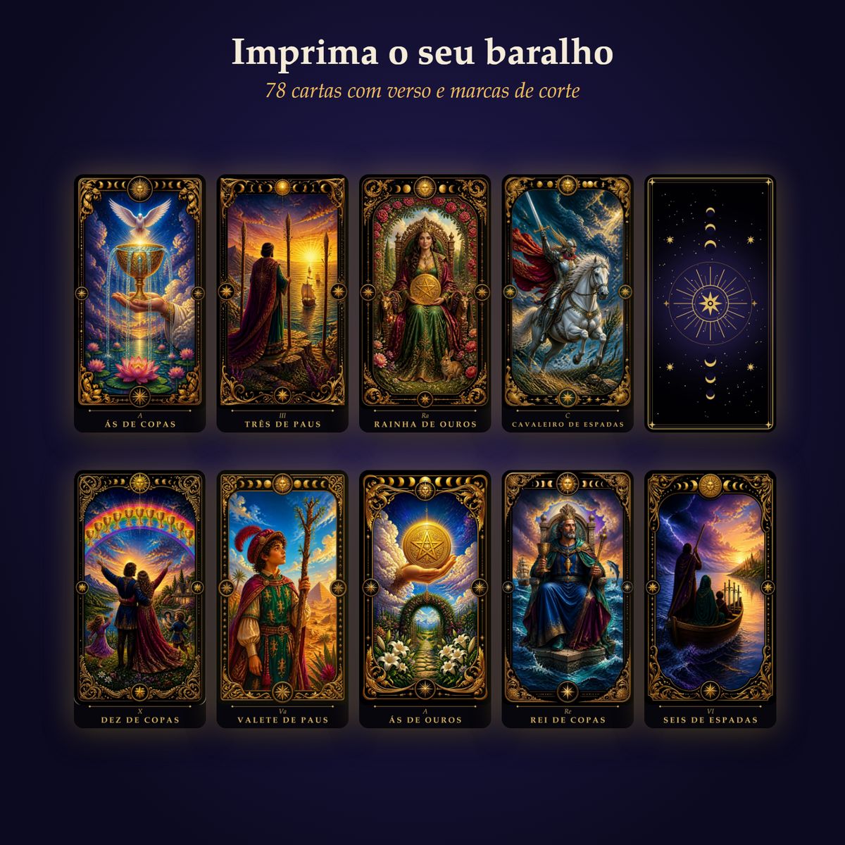 Cartas de tarô impressas, com o verso dourado